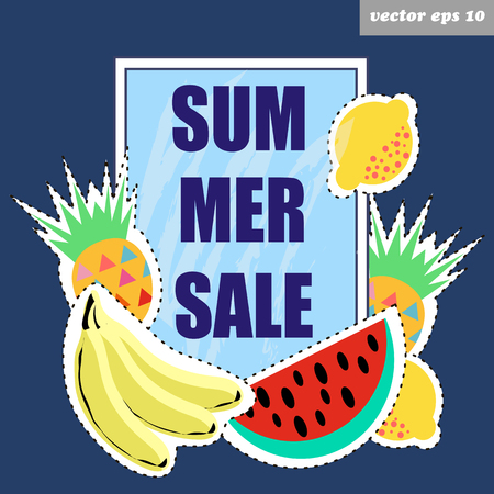 Summer sale vector banner decorated with fruits - bananas, lemons, watermelon and pineapple. Shopping concept. Good for shop windows, posters, advertising designs, banners, special offer leaflet.のイラスト素材