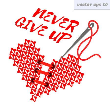 Cross stitch embroidered heart half parts with needle and string. Element for logo and poster design.Isolated vector illustration on white background.のイラスト素材