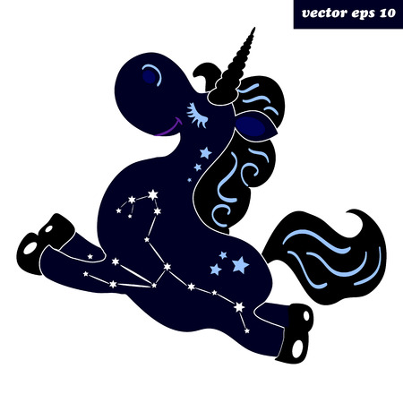 Starry dark blue unicorn with consellation sign. Simbol of night, peace and dream. Element for icon design, print, poster, decoration, sticker, fabric print, children book.のイラスト素材