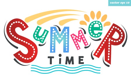 Summer and holiday concept. Bright optimistic hand lettering design for textile print or flyer decoration. Vector for summer greeting and congratulation card, poster, sticker, postcard, wallpaper decoration.のイラスト素材