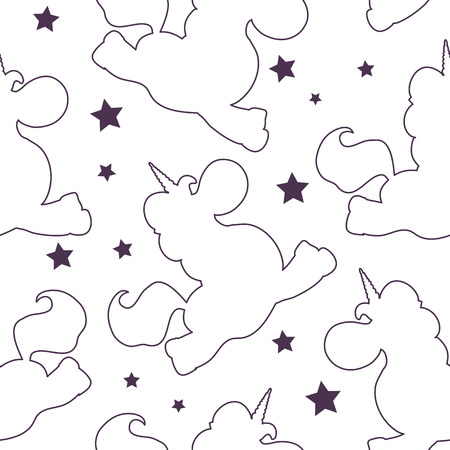 Starry simple seamless pattern with outlines shape of unicorn. Vector illustration for your designs. Element for textile and fabric print, children fashion designs, book and cover decoration.

のイラスト素材
