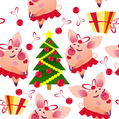 seamless christmas pattern with piggy girl and presentのイラスト素材