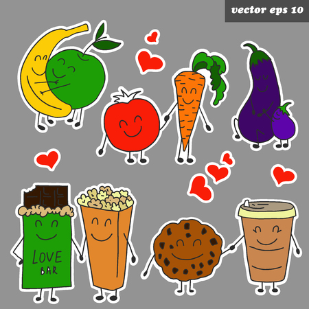 Hand drawn funny colorful character stickers. Vegetables and fruits - banana, apple, carrot, tomato, biscuit, coffee, cocolate, pop corn, egCan be used as educational post, advertising, banner, sticker coloring bookのイラスト素材