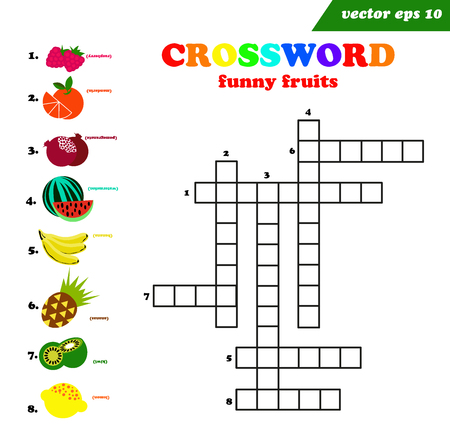 Vector crossword with flat style bright fruits - raspberry, mandarin, pomegranate, watermelon, kiwi, lemon. Preschool game for children. Printable file. Educational programm. English alphabets, words and lettersのイラスト素材