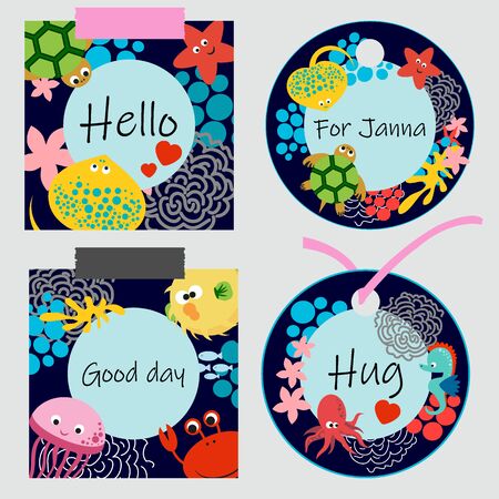 Set of cute sea creatures postcards and tags.のイラスト素材