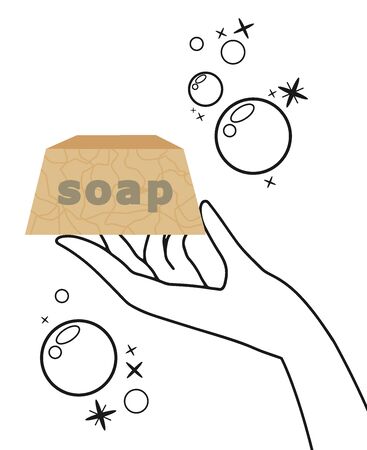 Woman hand is holding bar of soap. Wash hands concept.Soap bublles around. Hygiene and purity. Skin care and health protection idea.のイラスト素材
