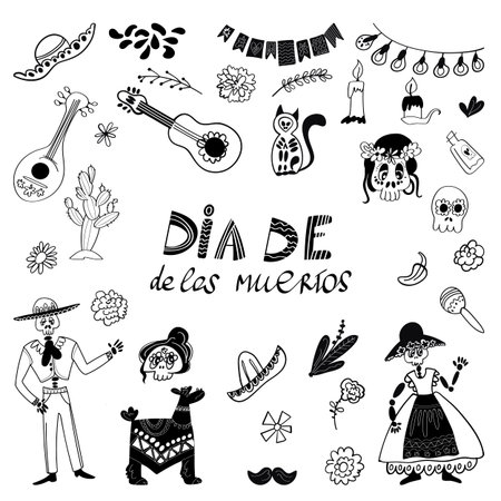 Day of the dead hand drawn black and white collection. National festival carnival. isolated elements. Mexican ethnic memorial celebration. Vector. Sticker pack, decoration, clipart for your designs.のイラスト素材