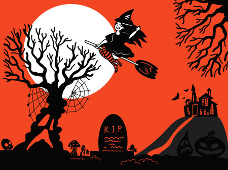 Halloween hand drawn card with multy spooky elements. Witch, tomb, bat, fullmoon and others. Place for you text. Can be used as banner, poster, flyer, party invitation, greeting card. Vector isolated.のイラスト素材