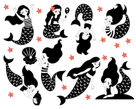 Pretty cartoon mermaid set. Group of isolated sea fairy creatures. Simple black and white vector design. Eight smiley baby girls in different poses. Shells and sea star. Easy to print.のイラスト素材