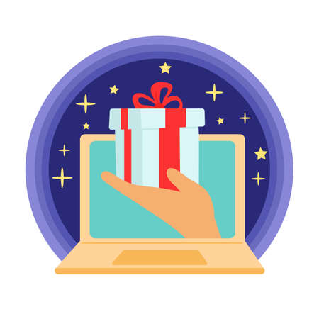 Online shopping advertising. Hand holding a presentのイラスト素材