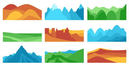 natural scenery landscape set. Horizontal simple collage elements set. Grassland, mountain, field, prarie, forest, meadow. Vector advertising and web banner template. Modern flat graphic illustration.のイラスト素材
