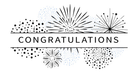 Horizontal congratulations banner with fireworks. Vector simple fest decoration template. Black and white greeting message. Web poster and paper card print.のイラスト素材