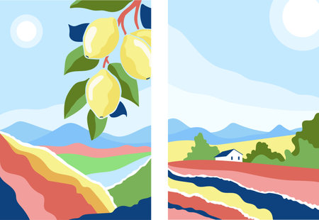 Simple farm landscape banner set with branch of lemon fruit. Leaflet, cover, invitation, interior poster, davertising material. modern abstract. minimalistic shapes.のイラスト素材