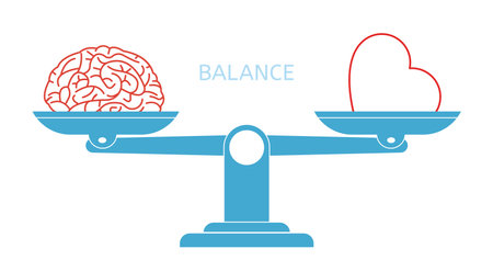 Stylized vector heart and brain scales. Balance of life concept. Intellect and feelings competition. Harmony in decisions. Mental and physical health psychology.のイラスト素材
