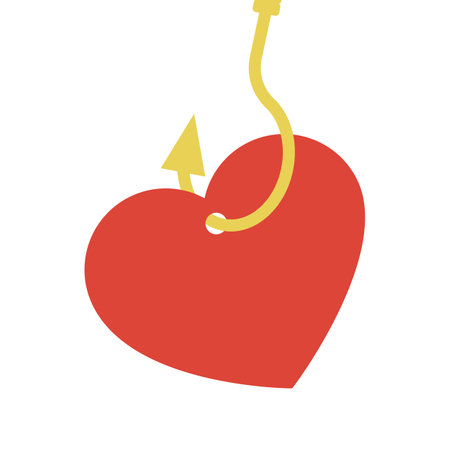Simple heart shape hooked with fishing hook. Vector isolated trapped heart concept illustration. Catching love sign. Abstract red heart hung on fishhook.のイラスト素材