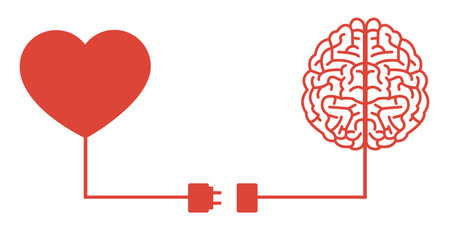 Heart and brain connection. Energy of love and mind. Find the balance concept. Simple minimalistic flat style heart and brain banner. Heart and brain with charging cable. Vector isolatedのイラスト素材