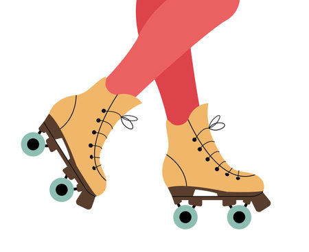 Woman legs in retro roller skates. Red tights. Isolated. Old fashion skaters with four wheels. Nostalgia design element for your projects.のイラスト素材