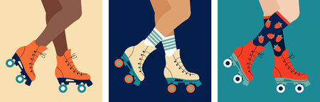 Set of different woman legs in a retro roller skate shoes. Retro roller skater posters. Fun leisure...