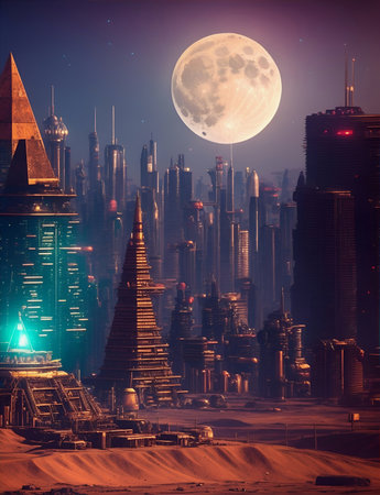A multi-million dollar city of the future with tall buildings. A full yellow moon can be seen in the background. Image generated by AIの素材