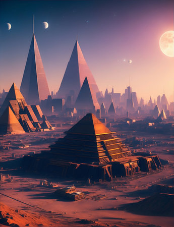 A city of the future of pyramid-like structures. Three moons and the sun can be seen in the sky. Image generated by the AIの素材