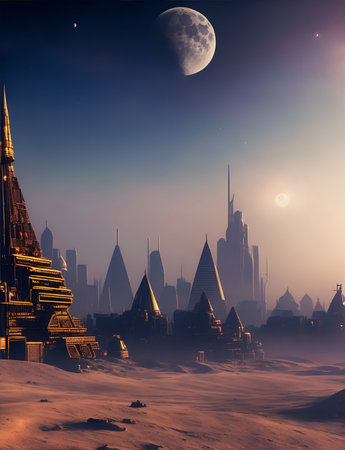 A city of the future in a sandstorm. The outline of skyscrapers can be seen in the background. Cinematic view. Image generated by AIの素材