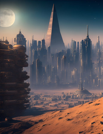 A large pyramidal building in the centre of the city. Reddish sand can be seen in the foreground. This photo may have been taken on Mars. However, the source is unknown. Image generated by AIの素材