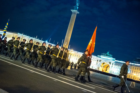 Palace Square, Saint-Petersburg, Russia - april 30, 2018: Military servicemen march through the main...
