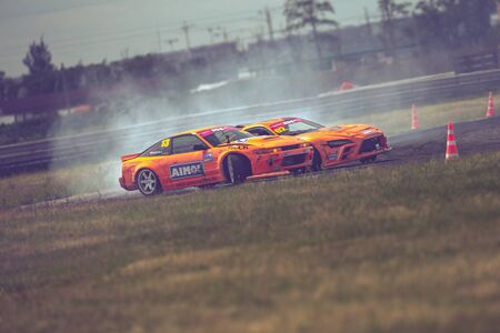 AutodromSpb, Saint-Petersburg, Russia - August 15, 2018: Powerful race car drifting on speed track during First Stage of Russian Drift Series Westのeditorial素材
