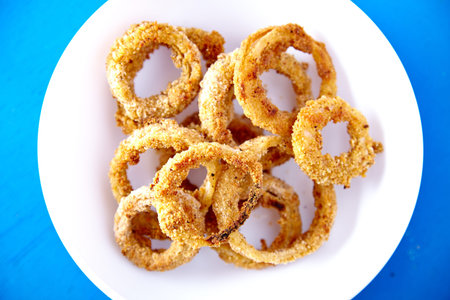 Top view of baked onion rings snack