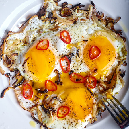 Close up of roasted eggs with caramelized onions and chilli on white plate on dark wood background.の写真素材