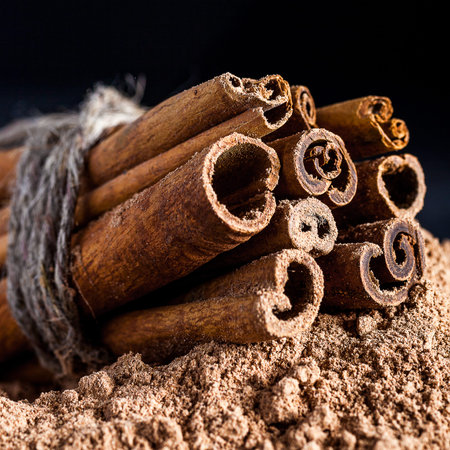 Cinnamon sticks with cinamon powder linked with twine. Black background. Macro image