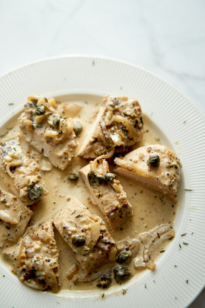 Chicken breasts in mustard sauce on white plateの写真素材