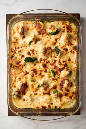 Baked chicken breast with vegetables under bechamel sauce.の写真素材