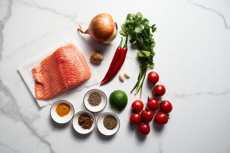 Indian salmon curry ingredients on white marble background. Salmon fillet with spices like garam masala, coriander with garlic and chilli. Tomatoes used for tomato sauce and red color. Top viewの写真素材