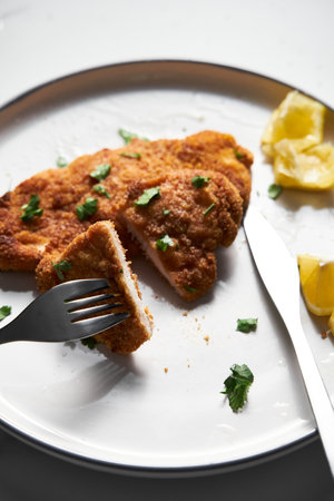 Baked Chicken Schnitzel on white plate with lemon. Rack or grid with baked schnitzel in breadcrumbs on background.の写真素材