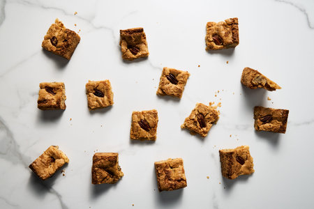 Top view of blondie cookies on white marble countertop background. White chocolate sweet and tasty,...