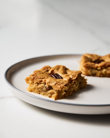 Two squares of Blondie cookies with pecan nuts on white plate. White chocolate sweet and tasty, chewy cookie bars. Close upの写真素材