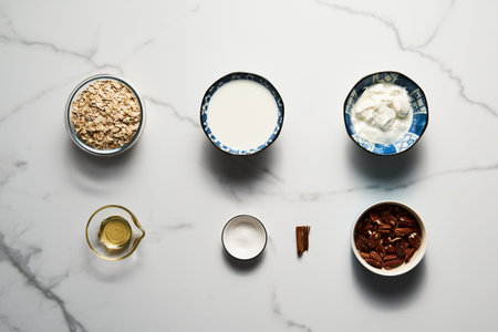 Overnight oats with milk and greek yogurt ingredients list. healthy breakfast with nuts with...