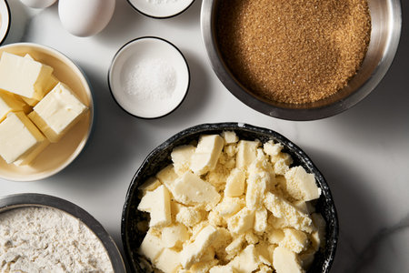 Blondie ingredients on white marble background. White chocolate with sugar and butter, eggs. Vanilla...