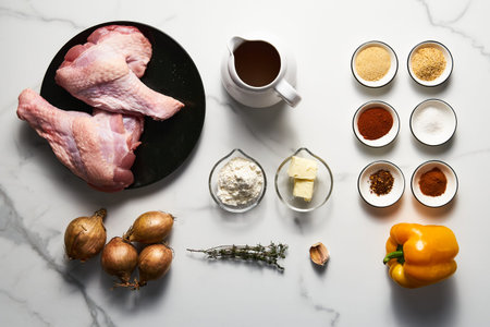 Smothered or stewed Turkey wings in a rectangular baking dish. Roasted to a crisp, the wings lie drowned in a thick gravy with vegetables. Food photo.の写真素材