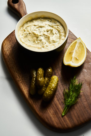 Classic Tartar Sauce dip in the bowl on wood board. Mayonnaise with dill and capers plus lemon, shallot onion. Worcester sauce and Dijon Mustard.の写真素材