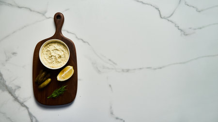 Classic Tartar Sauce ingredients on wood board on white marble background. Mayonnaise with dill and pickled cucumbers with lemon. Top view food photo. Flatlayの写真素材