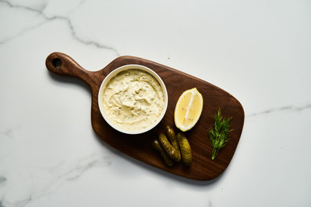 Classic Tartar Sauce dip in the bowl on wood board. Mayonnaise with dill and capers plus lemon, shallot onion. Worcester sauce and Dijon Mustard.の写真素材