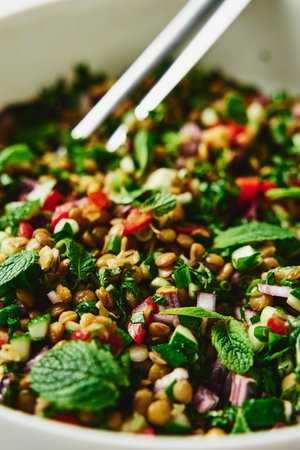 Fresh Summer Lentil Tabbouleh Salad A Wholesome Medley of Lentils, Herbs, and Seasonal Delightsの写真素材