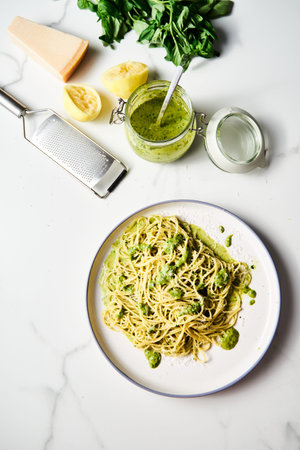 Lemony Bliss Pasta: A Vibrant Delight of Linguine with Zesty Lemon Pesto, Bursting with Fresh Flavorsの写真素材