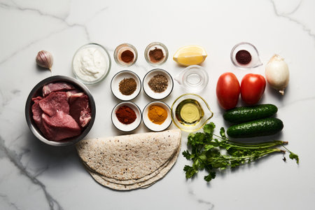 Beef and Lamb Lebanese style shawarma with onions, greens and vegetables such cucumber and tomato. all seasoned with tahini and garlic sauce and wrapped in pita or pita bread.の写真素材