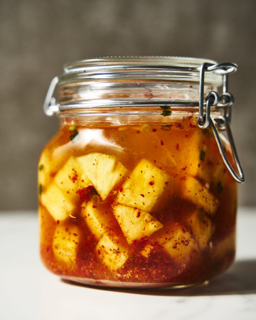 Fermented Pineapple kimchi. With garlic, gochugaru pepper and fish sauce. Pickled pineapple.