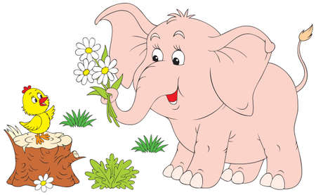 Pink elephant and little chickのイラスト素材