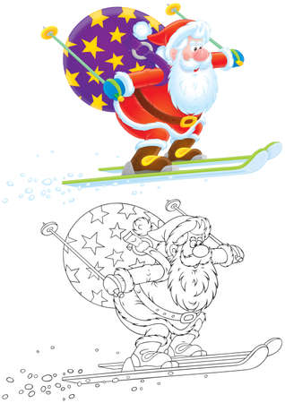 Santa Claus skiing with a sackful of presentsの写真素材