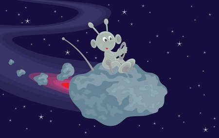 Funny alien flies on a small asteroid in spaceのイラスト素材